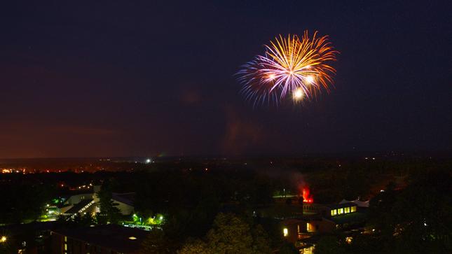 Fireworks seen from Jonsson Tower